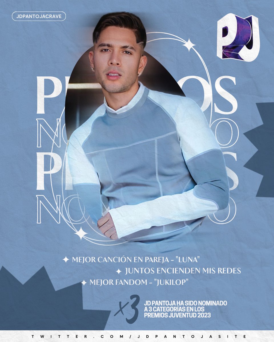 jdpantojasite's tweet photo. JD Pantoja recibe 3 nominaciones en los @PremiosJuventud 2023. En las siguientes categorías: 

• Mejor canción en pareja - “Luna”  
• Juntos encienden mis redes
• Mejor Fandom - “Jukilop”

Link para votar:
https://t.co/1KyegEwwyq https://t.co/sgPQ20rT35