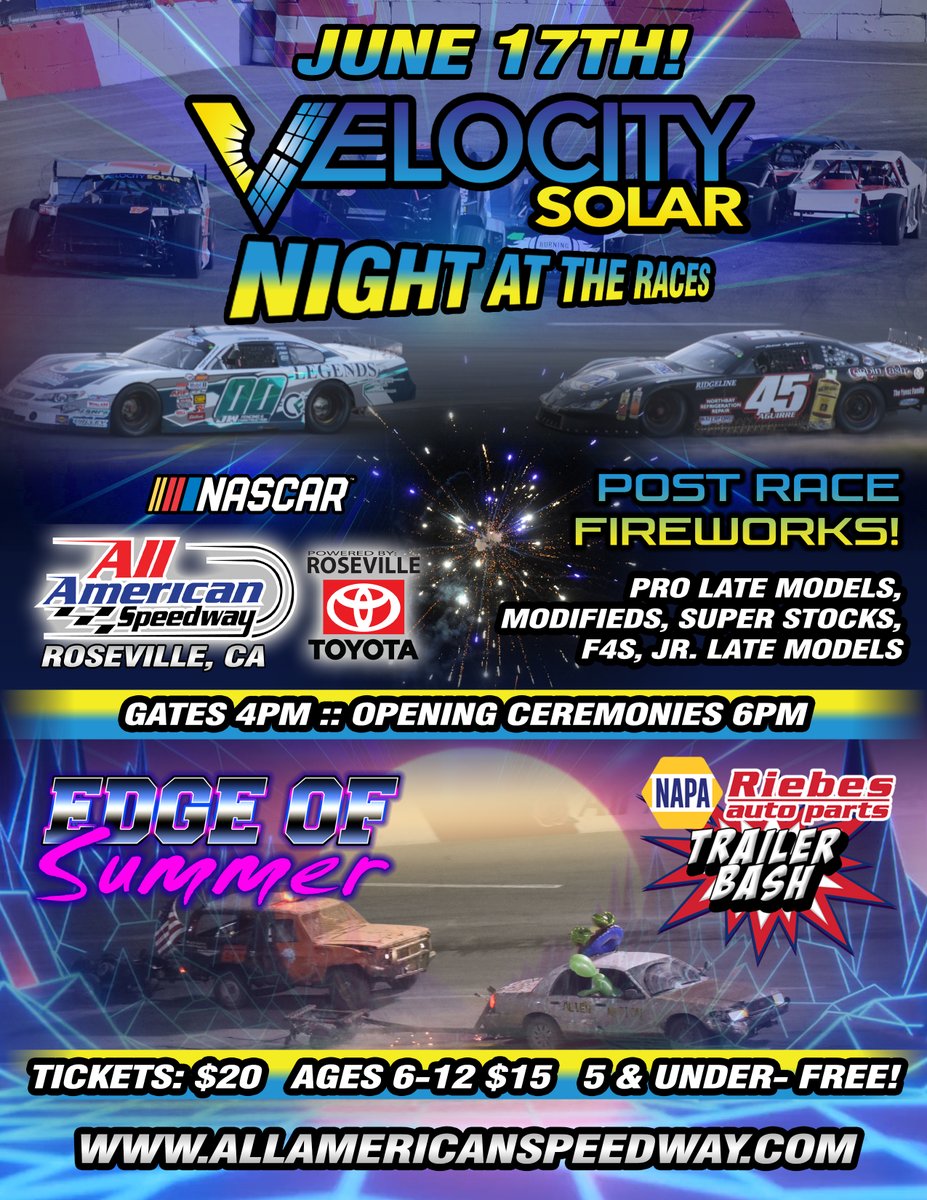 Gearing up for a huge @NASCARRoots Velocity Solar night this weekend! NASCAR racing, fireworks, and Trailer Bash destruction in one night! Tickets and info at AllAmericanSpeedway.com