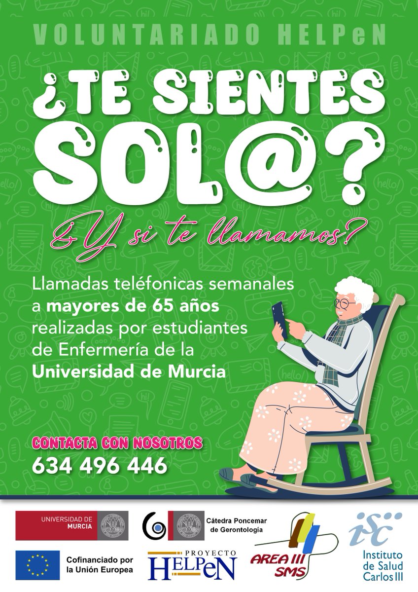 El programa de voluntariado continúa abierto para la incorporación de nuevos usuarios. ¿Te sientes sol@? ¿Y si te llamamos? Si deseas beneficiarte del voluntariado o tienes a familiares o conocidos que se puedan beneficiar, contáctanos. #HELPeN #UMU <a href="/Area3Lorca/">Area 3 Salud Lorca</a>