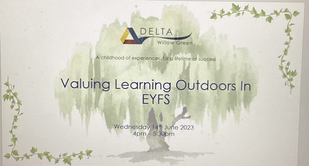 WillowGreenAcad's tweet photo. Our local authority asked our EY Lead to present a twilight on ‘Valuing Learning Outdoors’ to schools in Wakefield. It was a privilege to share our passion and savvy skills with EY professionals. Thank you for the experience and pleasure. #sharingiscaring #qualityenvironments https://t.co/oI6iKQCdZ1