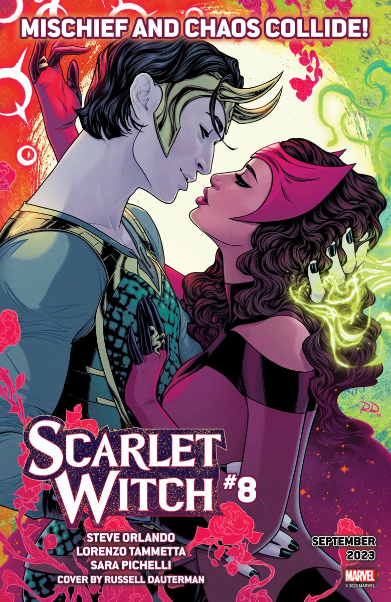 Marvel's tweet image. God vs. Witch! ✨ This September, Wanda and Loki fall under each other’s spell as mischief and chaos collide in 'Scarlet Witch' #8.