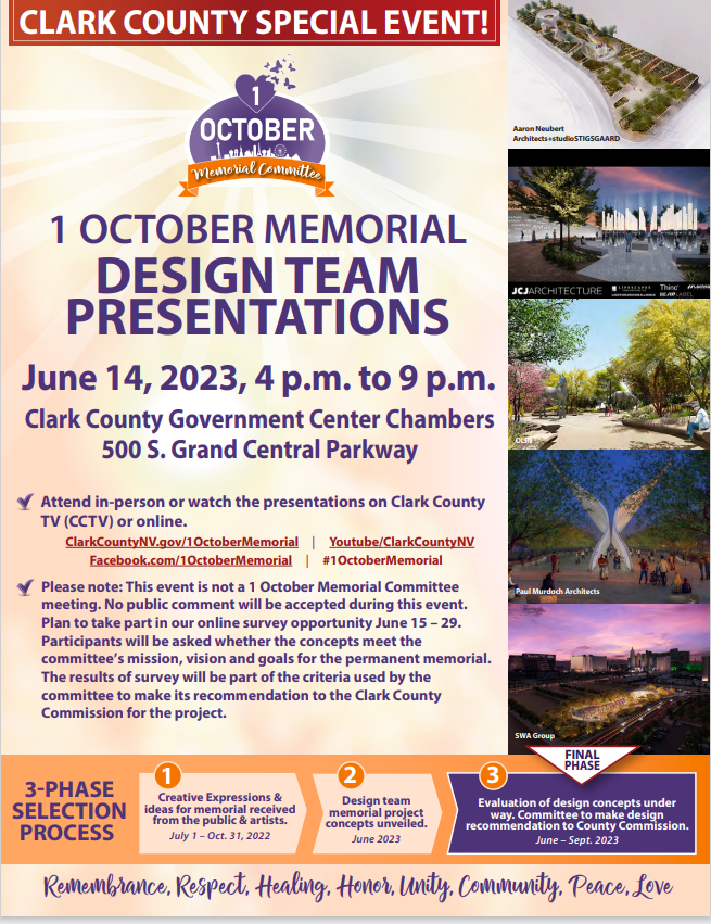 #1October Memorial

Reminder that #ComingUp tonight from 4pm-9pm, #ClarkCounty will host a design team presentation for the 5 concepts under consideration for a memorial to remember the Las #Vegas mass shooting tragedy.

Watch live at youtube.com/user/ClarkCoun…

#AlwaysRemember