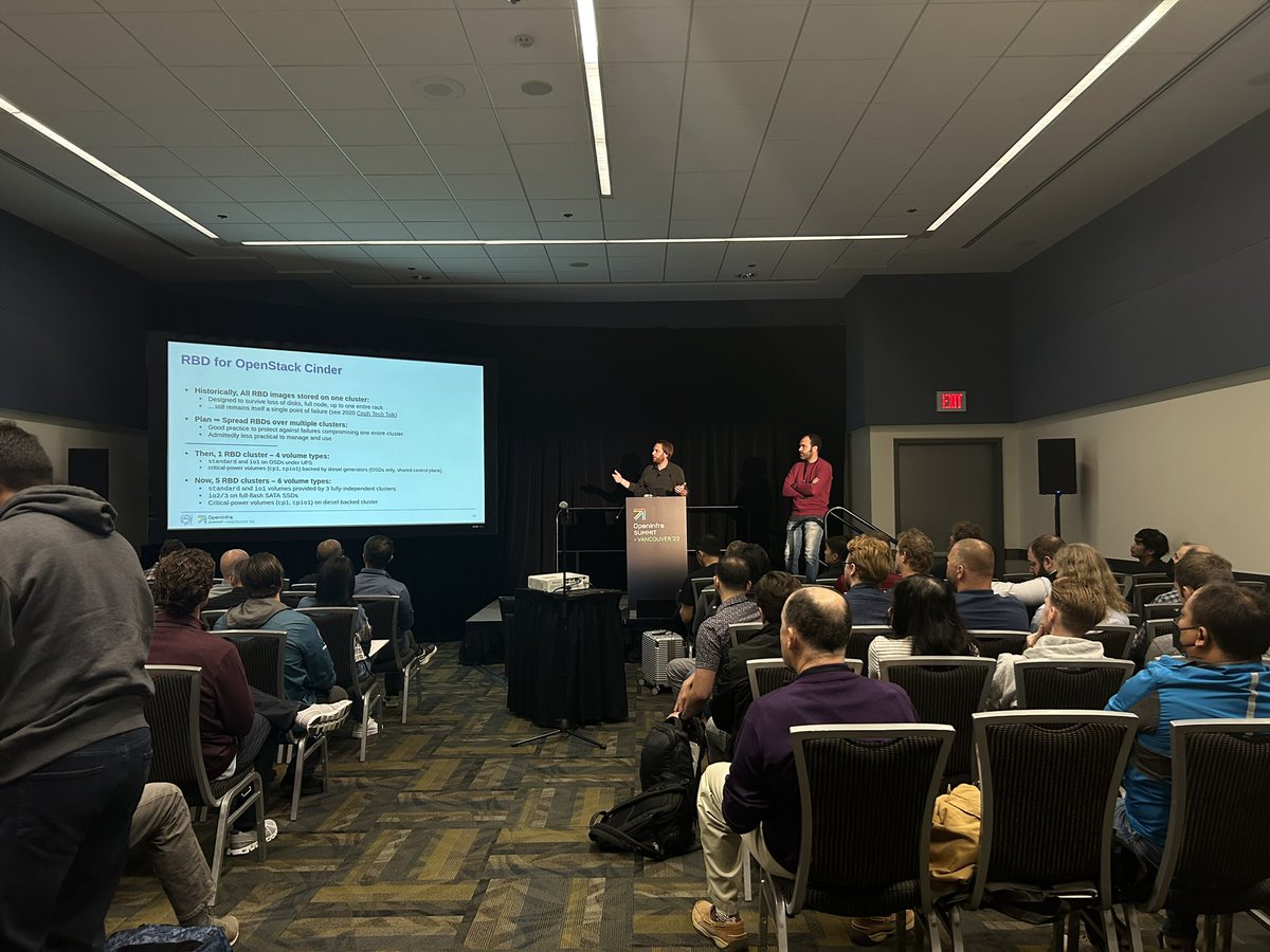 Enrico Bocchi and Luis Fernandez from <a href="/CERN/">CERN</a> reporting on RBD snapshots and mirroring improvements, on how CephFS Manila shares are backed up to S3, via a restic-based backup orchestrator, and on the instantiation of storage services spanning different computing centers.