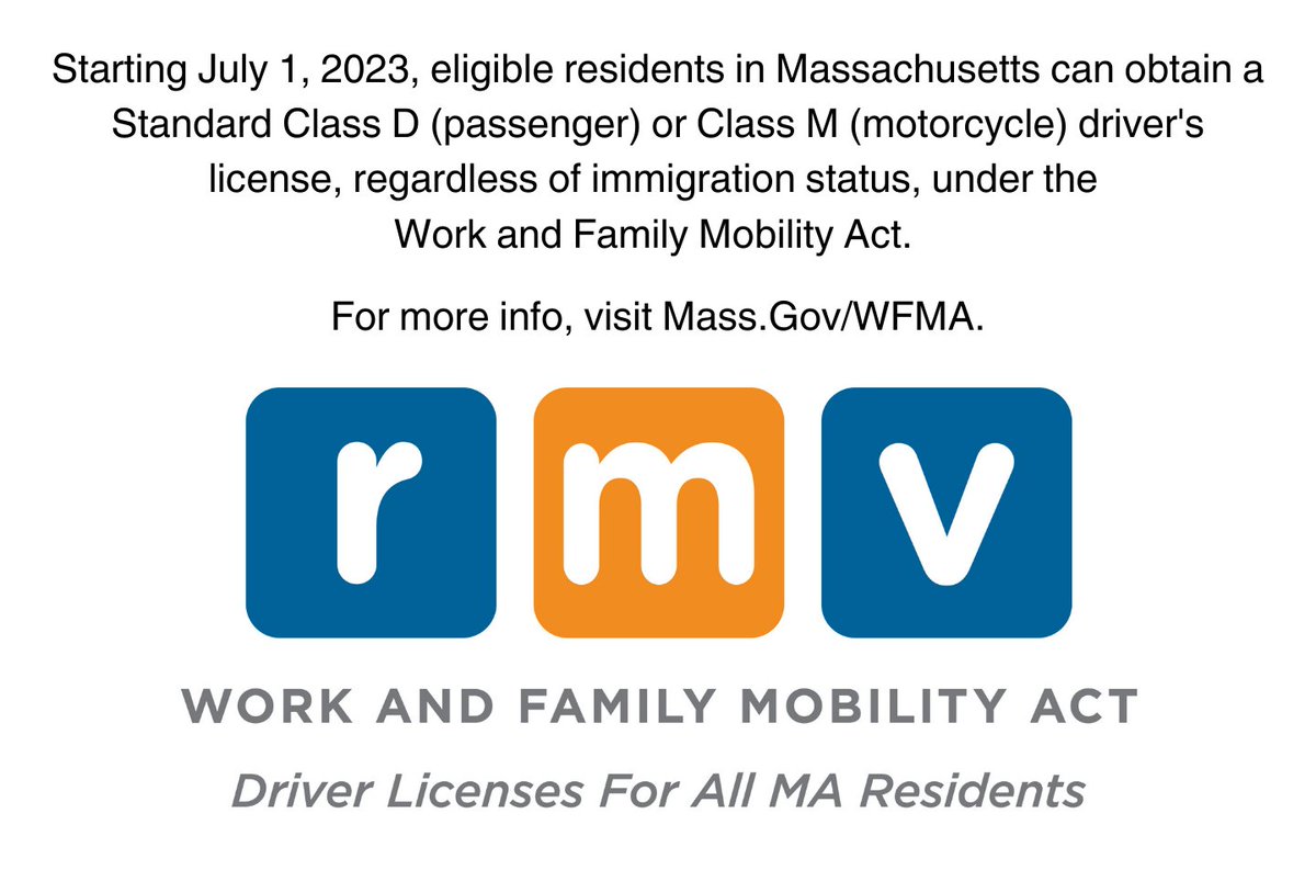 The Work and Family Mobility Act goes into effect on July 1, 2023. Eligible residents in #Massachusetts can now obtain a standard class D or class M drivers license, regardless of immigration status. Find out more at Mass.Gov/WFMA. #WFMA
ℹ️ mass.gov/news/registry-…