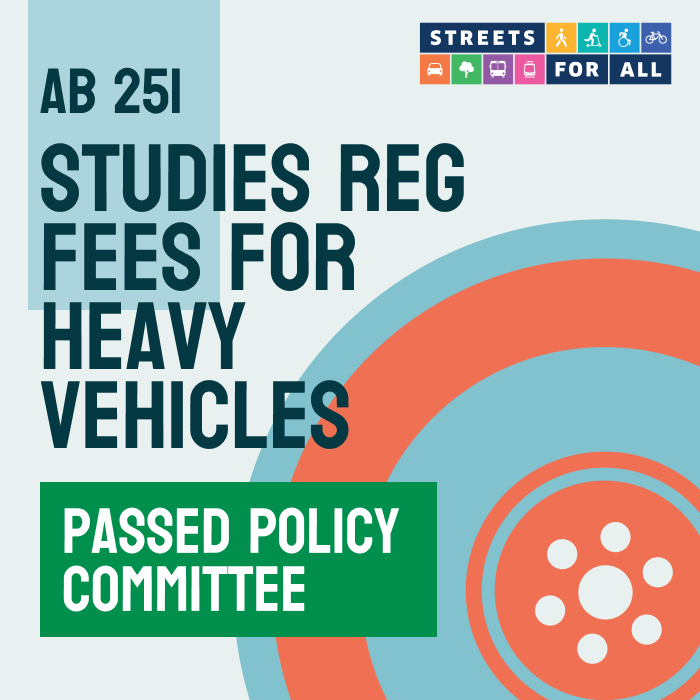 streetsforall's tweet photo. Our bill #AB251 by @AsmChrisWard to study registration fees for heavy vehicles just passed the Senate Transportation Committee! Next stop: Senate Appropriations (hey @Portantino😉). Check out our testimonies below 👇 https://t.co/YE2WP2Bn5J