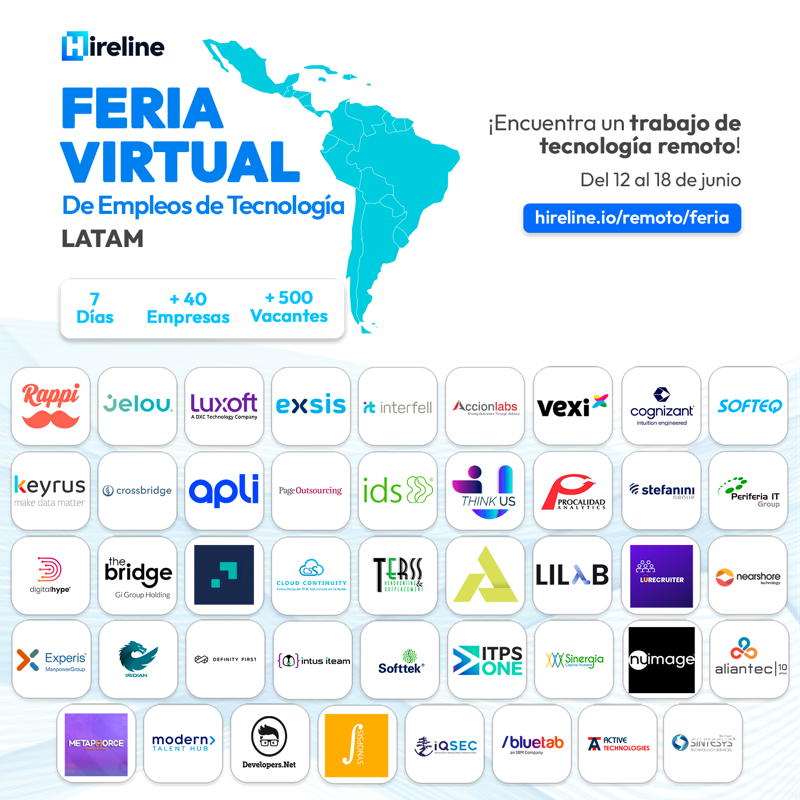 hirelineio's tweet photo. 📣 ¿Buscas un empleo remoto? Encuéntralo en la Feria Virtual de Empleos de TI Remoto, organizada por Hireline.

🌎 Evento con +500 vacantes de TI y +40 empresas, dentro y fuera de LATAM, buscando tu talento tech.

📆 Del 12 al 18 de junio.

Regístrate dando clic a la imagen👇🏽