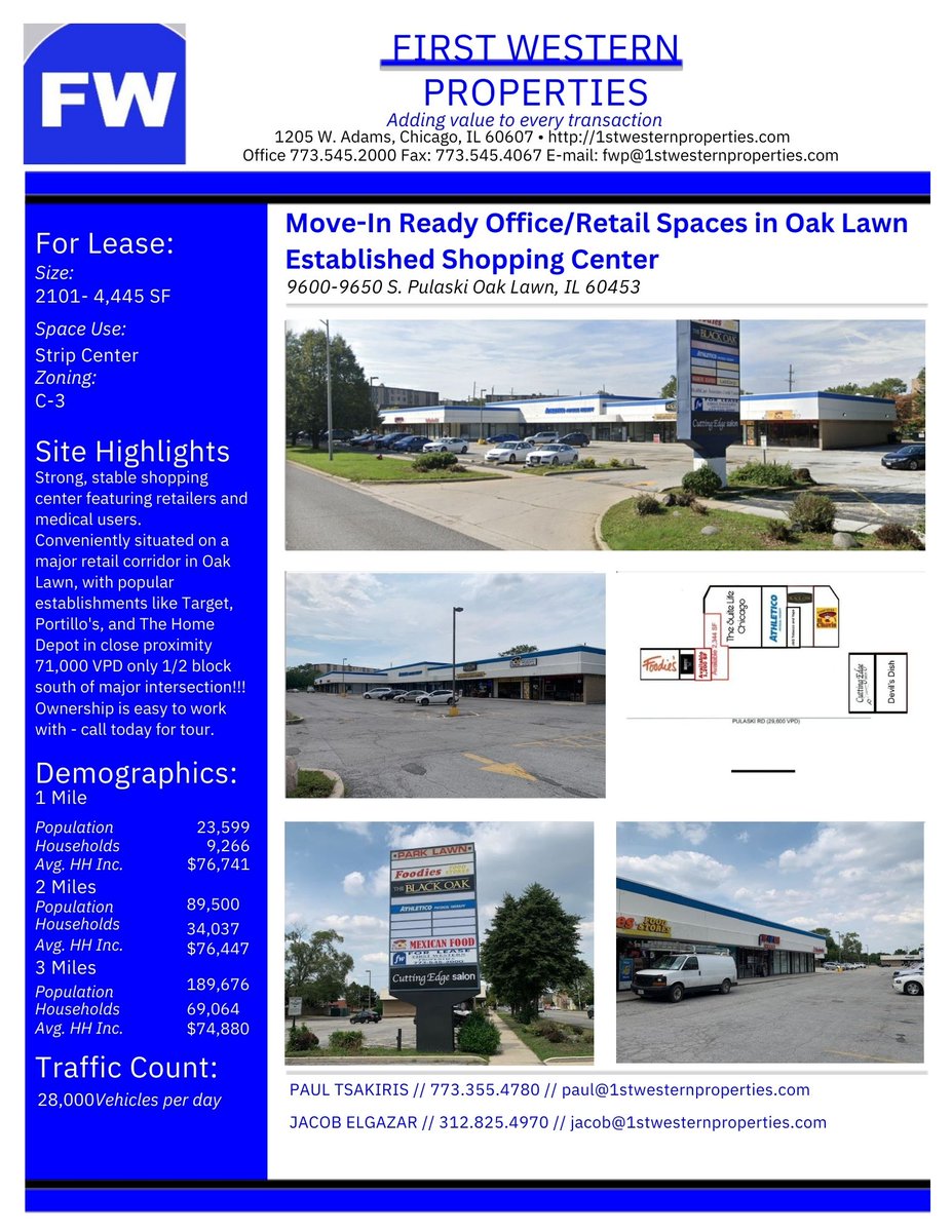 1stwesternprop's tweet photo. Move-In Ready Office/Retail Spaces in Oak Lawn Established Shopping Center!

Contact:
Jacob Elgazar
First Western Properties
312.825.4970
jacob@1stwesternproperties.com https://t.co/isKDMSTTZN