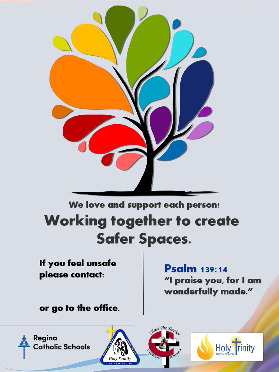 Celebrating diversity and inclusion is part of our Catholic faith teaching! At Regina Catholic Schools, we wish to honour every individual. Together, we strive to build safer spaces where everyone feels loved, respected, and supported. #ReginaCatholicSchools