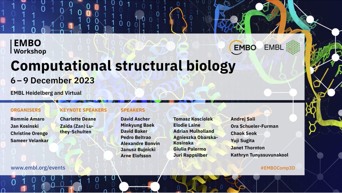 🚨Want to learn about the latest advances in Computational Structural Biology? 

Join our #EMBOComp3D workshop 🤓

in Heidelberg 6-9 Dec 2023❄️

embl.org/about/info/cou…

Abstracts open until 13 Sept 2023
