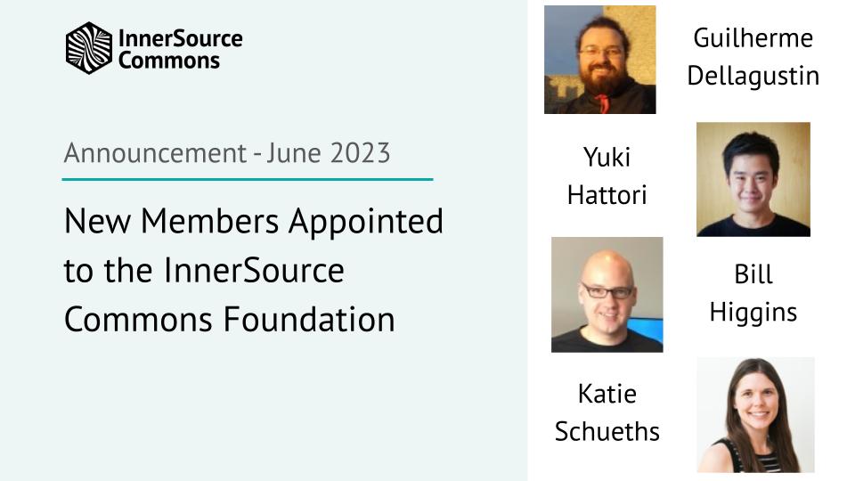 InnerSourceOrg's tweet photo. ๐ข We are delighted to announce the election of our new #InnerSourceCommons Foundation Members, @dellagustindev @yuhattor @BillHiggins @Katie_Schueths.
We know how much each of you will bring to this role. We're very excited! ๐
More info: https://t.co/K5Di3TjypE https://t.co/ys8tLyT2B8