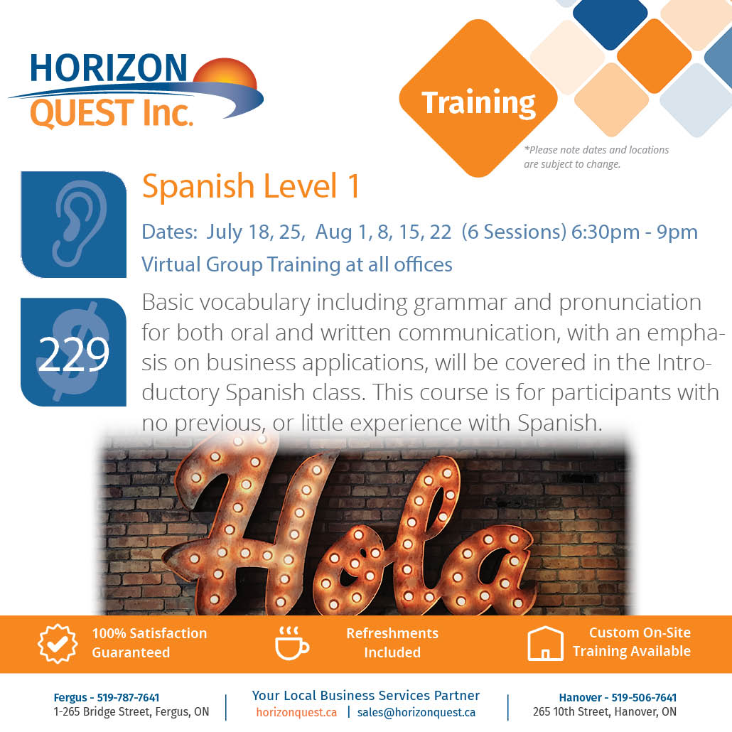 HorizonQuest's tweet photo. Hola! Join us for Spanish Level 1courses running in July and August. Sign up on our website https://t.co/fUQOepIWXD
Any questions call us at any three of our locations!
#teamwork #training #spanish https://t.co/dgDxmLX2mX