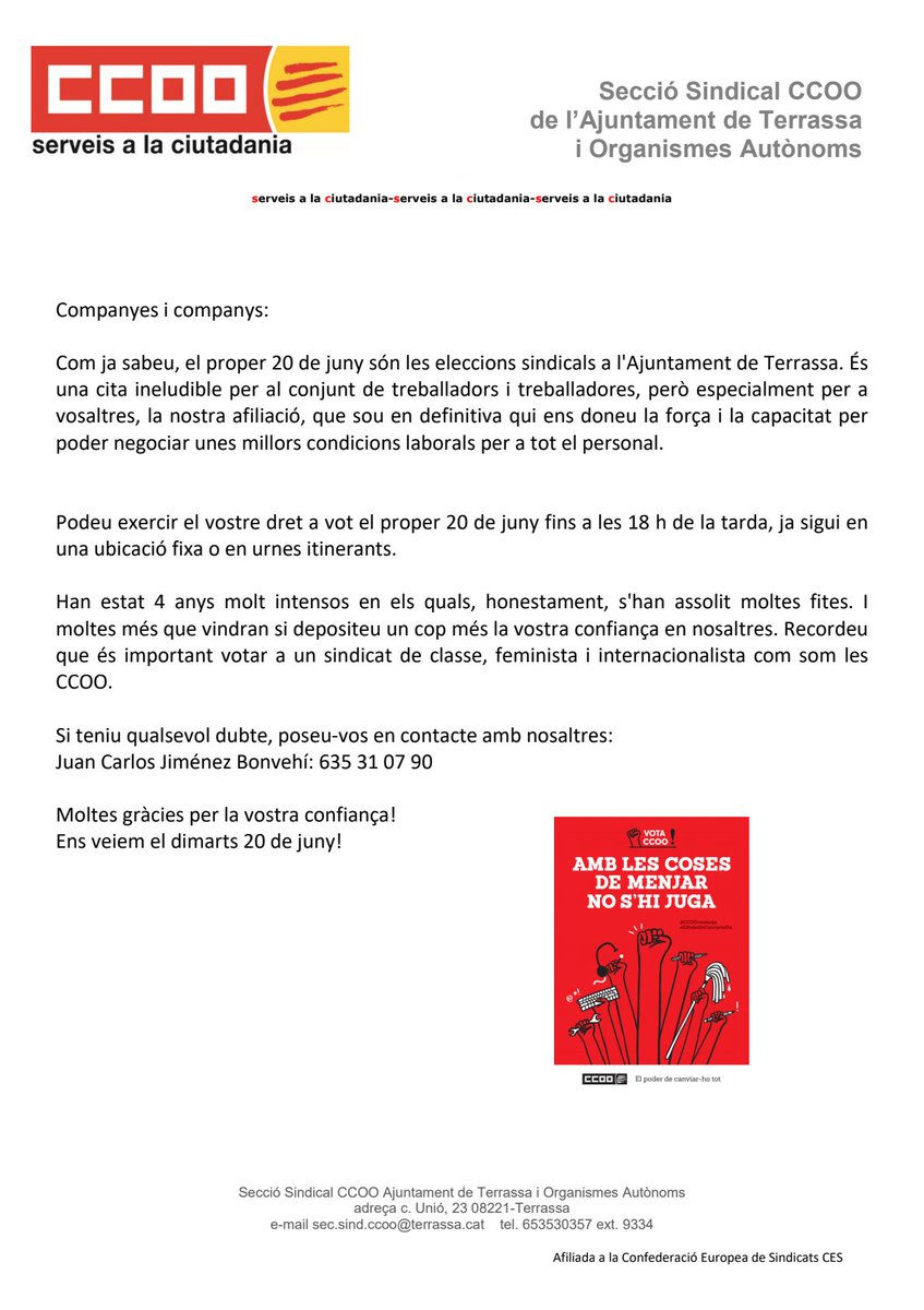 ccoo_AjTerrassa's tweet photo. 🗳️Animem a tota la nostra afiliació a votar el dia 20 de juny🗳️

Perquè som un sindicat de classe, feminista i amb mirada internacionalista que defensa els drets de la classe treballadora✊

Consulteu el cens abans de votar
👉https://t.co/grM9nBKO1e

Us hi esperem❗️ https://t.co/agggtRUmQK