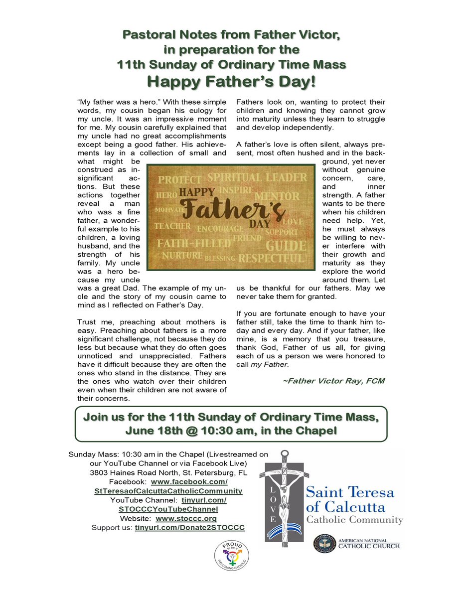 Join us for the 11th Sunday of Ordinary Time Mass, #FathersDay on June 18th @ 10:30 am in the Chapel!
#FathersDay2023 #OrdinaryTime #OrdinaryTimeMass #CatholicMass #StTeresaofCalcuttaCatholicCommunity #STOCCC #ANCC #AmericanNationalCatholicChurch #IndependentCatholics