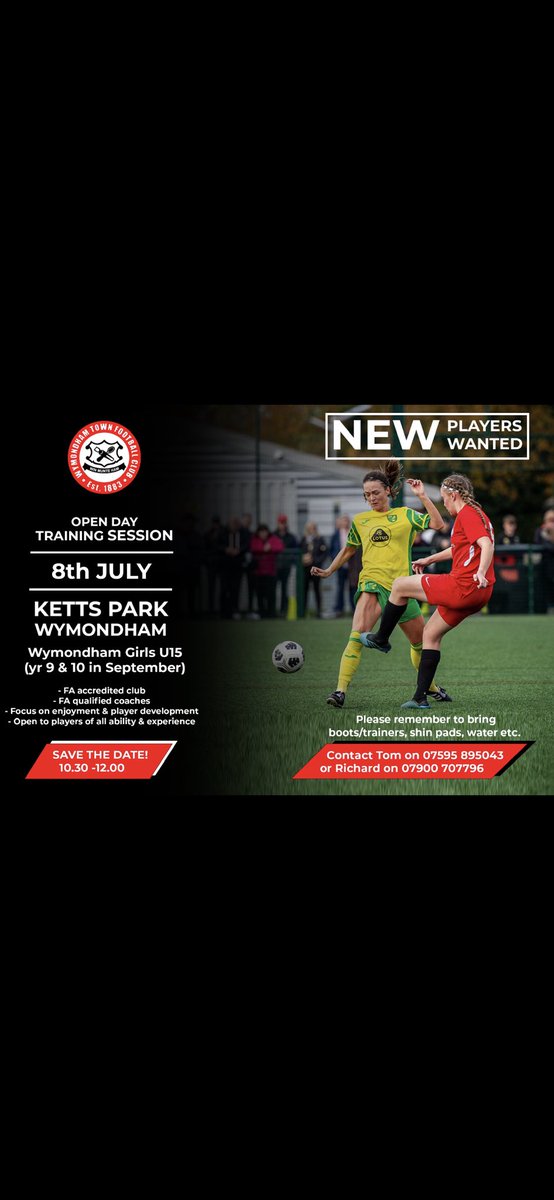 WTU_FC's tweet photo. New Players required for next season. 

Wymondham U15 girls. https://t.co/PJaVNXu0fY