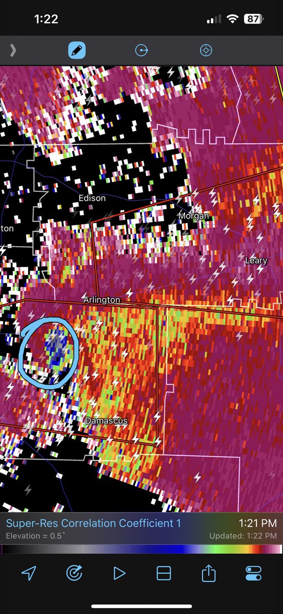CC_StormWatch's tweet photo. This is serious. A very large and dangerous #tornado is moving between Arlington and Damascus in Early County doing serious damage. There are no towns in the immediate path but people still live there. It’s a life threatening situation. #GAwx https://t.co/WW9pMk7nWC