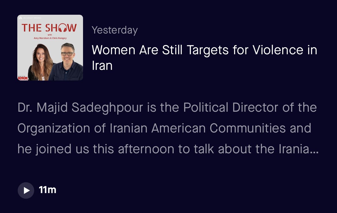 Women Are Still Targets For Violence in Iran.

Our political director, Dr. Majid Sadeghpour, discussed this topic today with @AmyMarxkors & @ChrisRongey from @TheShowKMOX.

🎧 Listen here: audacy.com/podcast/the-sh…