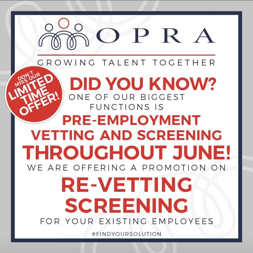OpraGroup's tweet image. Did You Know? 
One of our biggest functions is pre-employment vetting and screening!
Throughout June we are offering a promotion on re-vetting screening for your existing employees.

Don&apos;t miss our Limited Time Offer!

#preemploymentscreening #Rescreening #SpecialOffer
