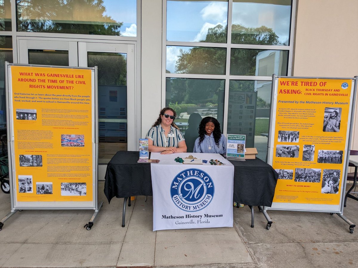 MathesonMuseum's tweet photo. Thank you to @SantaFeCollege for inviting us to join them for their #Juneteenth celebration! Our director, Kaitlyn Hof-Mahoney, and summer intern, Danielle, shared our traveling exhibit "We're Tired of Asking: Black Thursday and Civil Rights in Gainesville." 

#WhyILoveGNV https://t.co/XNhpVrzOCX