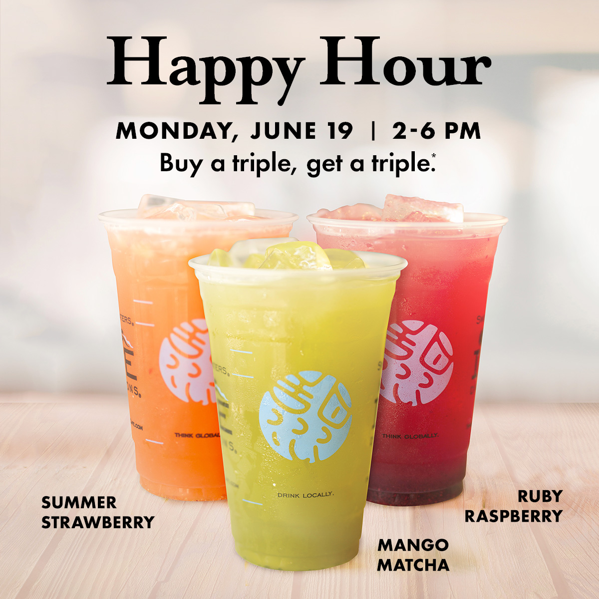 Sweetwaters's tweet image. Cheers to Happy Hour TODAY! Stop in from 2-6pm, buy a triple-sized drink &amp;amp; get one for free! While you’re in, sip on our NEW Jeweled Lemonade with a shot of energy!  #HappyHour #BuyOneGetOne ⭐️