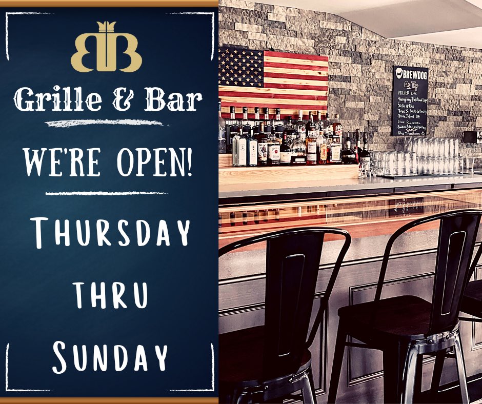 Join us at the BB Grille &amp; Bar!
Monday-Wednesday ~ Closed
Thursday and Friday ~ 10 am to 7 pm with Kitchen Hours 11 am to 6 pm
Saturday ~ 9 am to 8 pm with Kitchen Hours 11 am to 7 pm
Sunday ~ 9 am to 7 pm with Kitchen Hours 11 am to 6 pm.