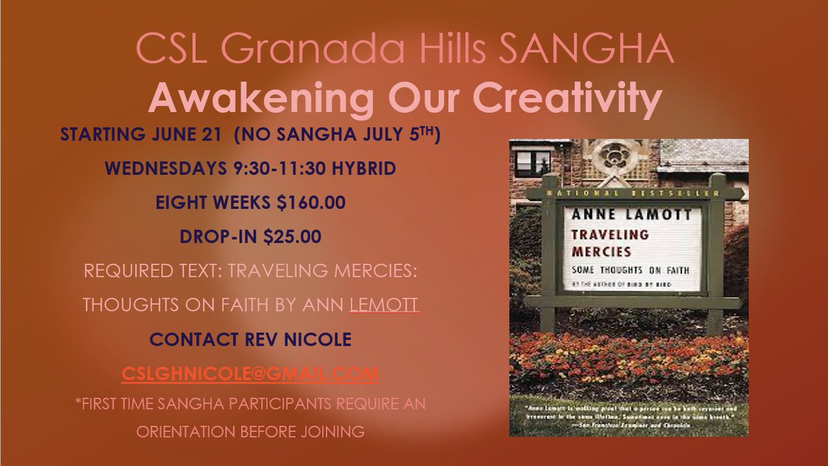 CSLGH's tweet photo. Summer Sangha “Awakening our Creativity” will be an eight-week offering starting on June 21- August 16. No class on July 5th.
Contact Rev. Nicole at: cslghnicole@gmail.com
#SANGHA #CSLGH https://t.co/oQtRK3npWh