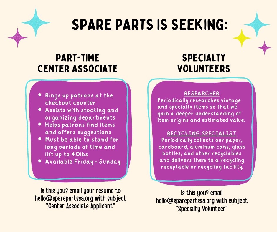 💖 SPARE PARTS IS HIRING! We are seeking a Part-time Center Associate ($11/hr) who will ring up our patrons and assist with department stocking and organizing. We are also hoping to find some specialty volunteers to help us with research and recycling. 💖