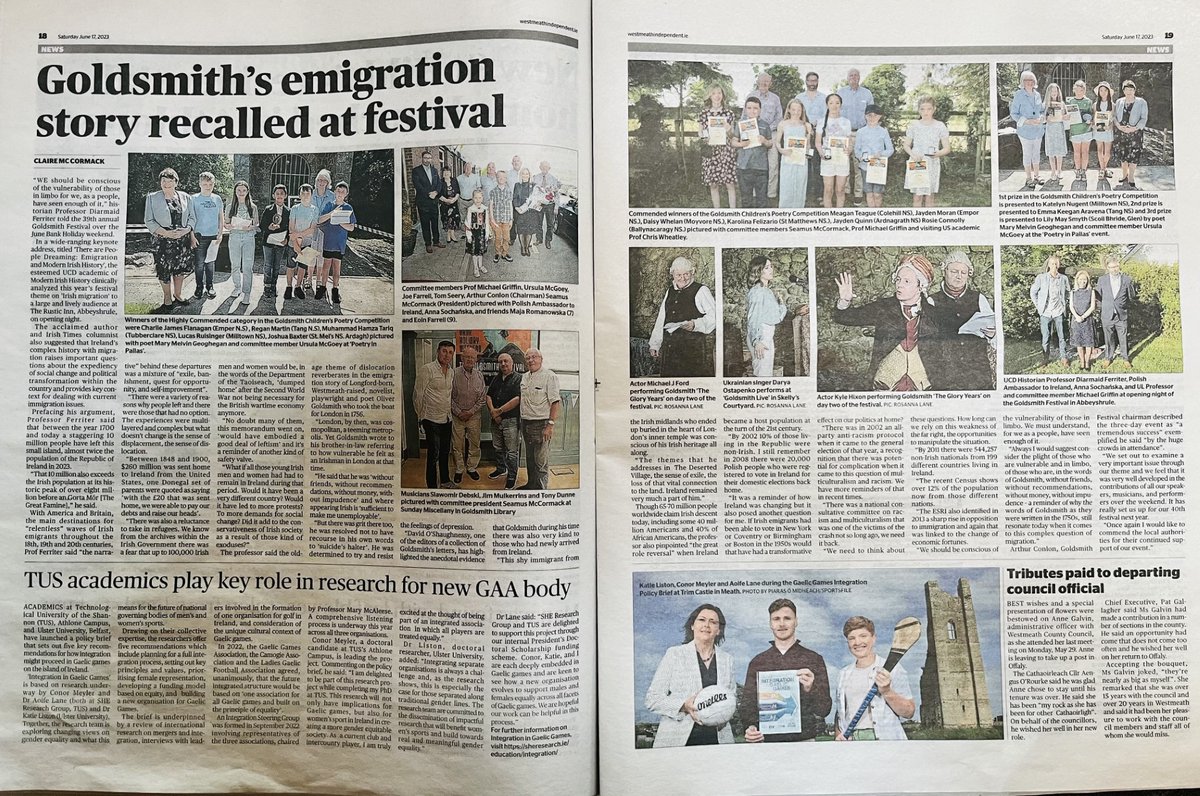 ClaireMc_C's tweet photo. A final many thanks to all our brilliant local press - @westmeathindo, @Longford_Leader, @WHExaminer & Athlone @westmeathtopic - for each bright & lively spread on @Goldsmithfest 2023 in this week's newspapers. Next stop the 40th festival... #LocalNews #ReadLocal #SubscribeLocal https://t.co/x4GXNRnpZJ
