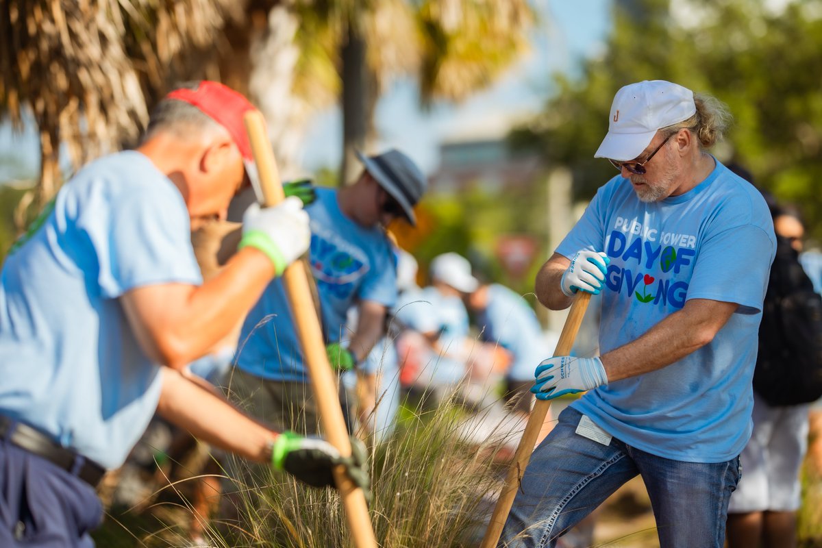 Our annual Public Power Day of Giving kicked off this morning at Kissimmee Lakefront Park! We were honored to assist the @CityofKissimmee with mulching an area of palm trees, further beautifying the lakefront. We’ll be back tomorrow to finish the job! #PowerWithPurpose