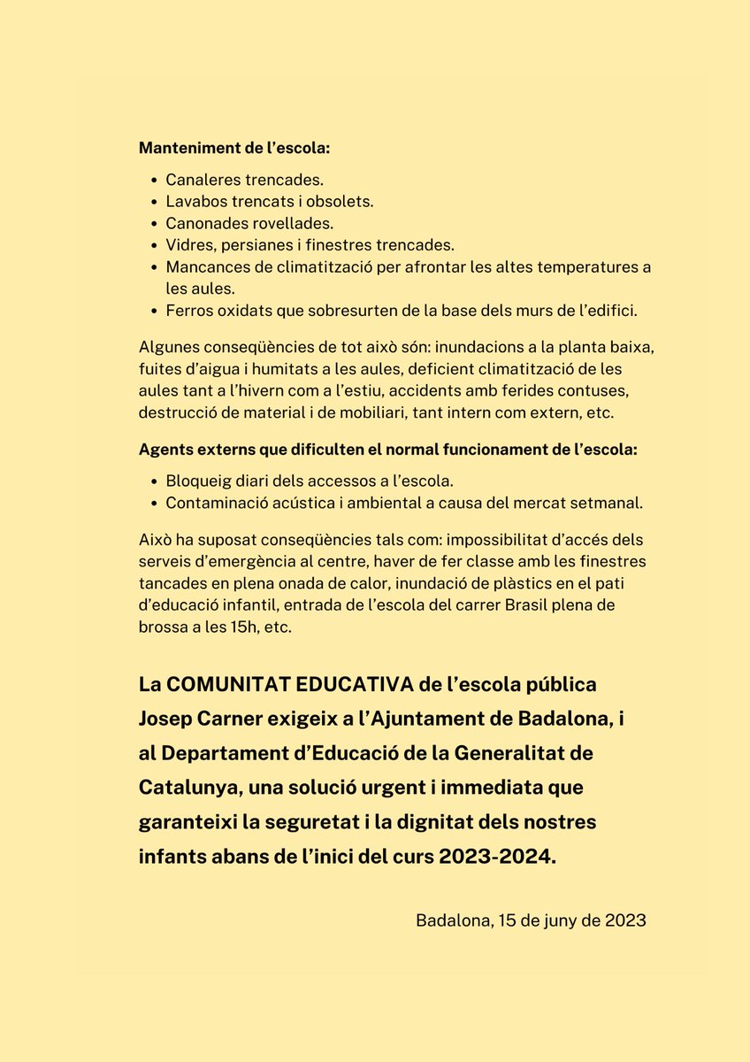 Aquest és el Comunicat de la Comunitat Educativa de l'escola <a href="/CarnerJosep/">Escola Josep Carner</a> que llegirà demà al Viver per denunciar la manca de manteniment per part de l'<a href="/AjBadalona/">Ajuntament de Badalona</a> i exigir una solució urgent i immediata.
Prou #deconstruintelcarner!
 <a href="/AMPAJosepCarner/">AMPAEscJosepCarner</a> @FampasBadalona <a href="/affac_cat/">aFFaC</a>