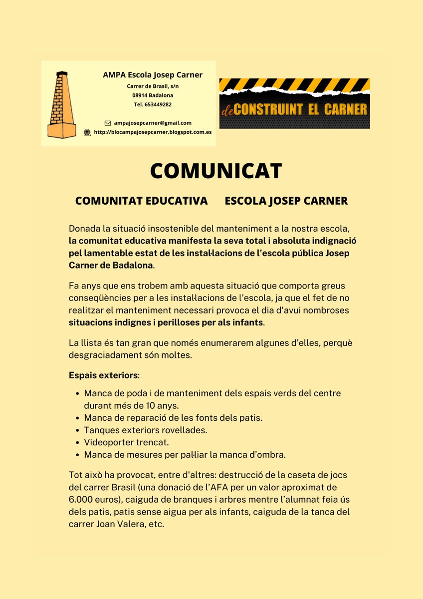 DeconstruCarner's tweet photo. Aquest és el Comunicat de la Comunitat Educativa de l'escola @CarnerJosep que llegirà demà al Viver per denunciar la manca de manteniment per part de l'@AjBadalona i exigir una solució urgent i immediata.
Prou #deconstruintelcarner!
 @AMPAJosepCarner @FampasBadalona @affac_cat https://t.co/b9VyIjFoFt