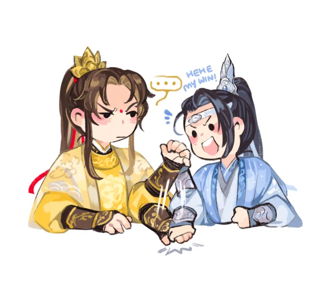 [Jin Ling and Jingyi holding hands commission for @/blushlemon]  (truly the peak of romance...arm wrestling)