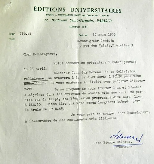 CardijnVatican2's tweet photo. Oblivious to the problems with Suenens, on 27 March 1963, Delarge wrote to Cardijn outlining a proposal for him to visit Paris on 27 April to record a television interview to promote the forthcoming book. https://t.co/2Y4IEVbjLq https://t.co/X4Jq863LDz