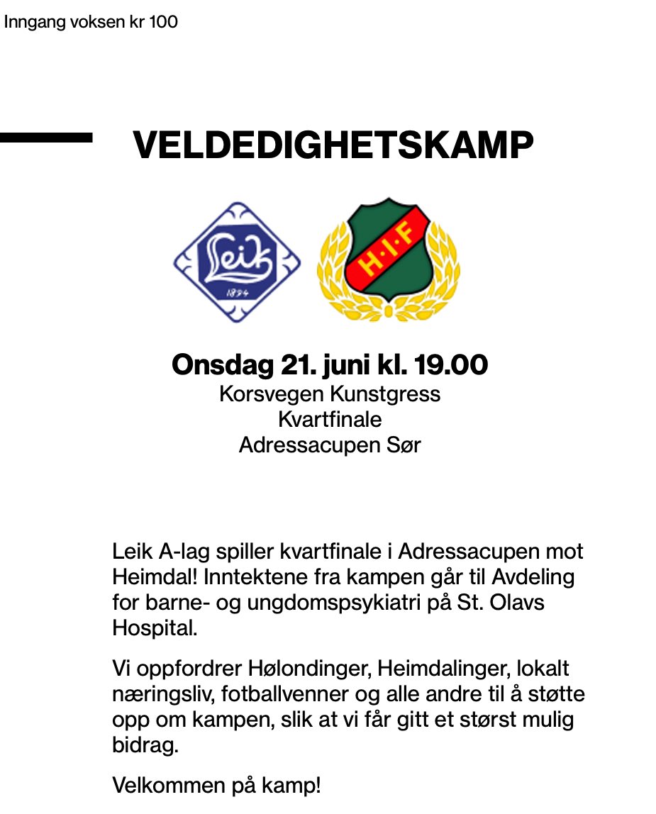 LeikFotball's tweet photo. Veldedighetskamp🤍💙

Onsdag 21.06 spiller vi kvartfinale i Adressacupen mot Heimdal! Vi har utrolig lyst å ta oss videre til en semifinale, men denne gangen har vi valgt å sette fokus på noe enda viktigere enn å vinne en fotballkamp🌟 https://t.co/vtkHhAHhiK