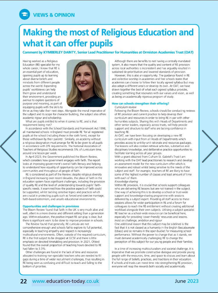 Sharing views on RE entitlement and challenging curriculum for all at @OrmistonAcads in @EdTodayMag. @TeamRE_UK #teamre