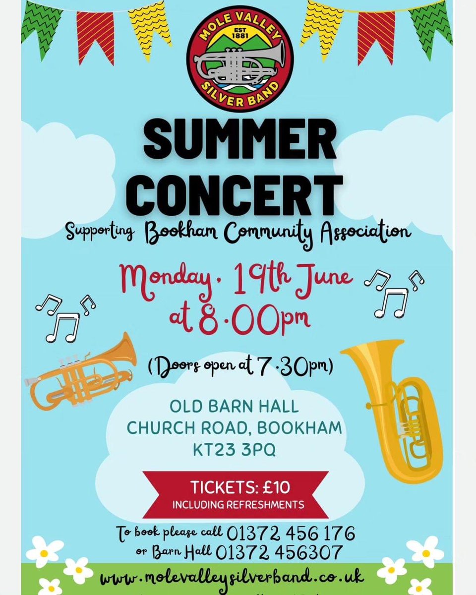 Come along and join us at our next concert! Tickets are available and we'd love to see you there! 

#brassbands #bookham #bookhamcommunityassociation #surrey #mvsb #molevalleysilverband