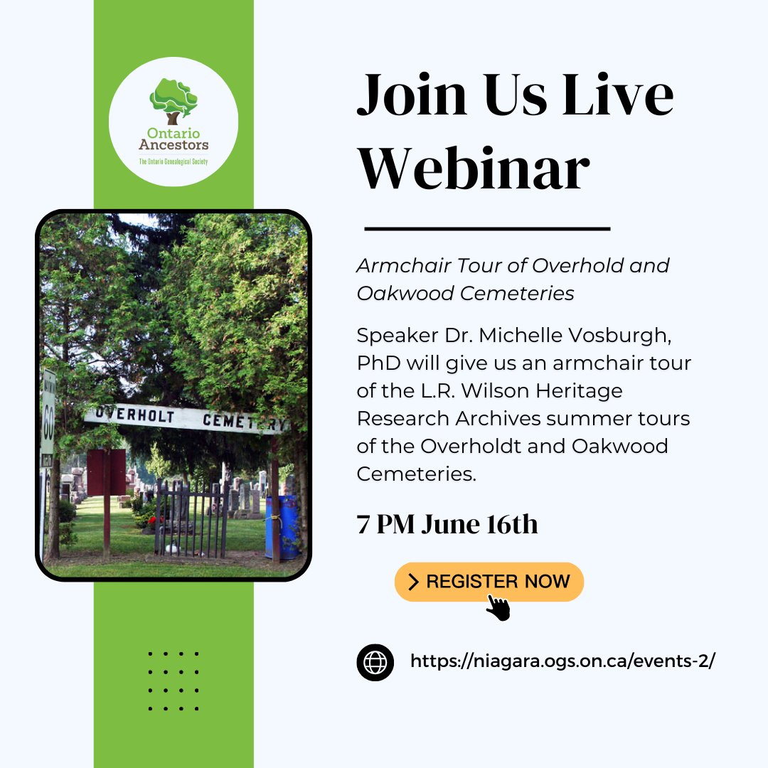 Join the Niagara Peninsula Branch - Ontario Ancestors this Friday night for a webinar: Speaker Dr. Michelle Vosburgh, PhD of the #LRWilsonArchives reviews the summer tours of the Overholdt &amp; Oakwood Cemeteries. <a href="/PortColborne/">City of Port Colborne</a> 
REGISTER: niagara.ogs.on.ca/events/niagara…