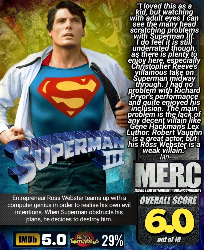 MERC_Reviews's tweet image. Our verdict on Superman III

#Superman3

#movies #movie #FilmTwitter #moviereviews #moviereview #film #films