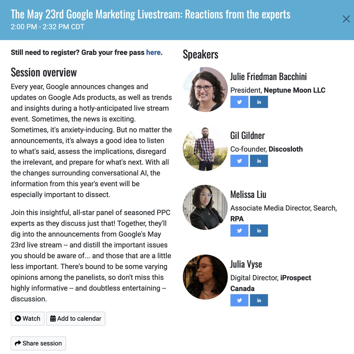In a few minutes, excited to join <a href="/JuliaVyse/">It rhymes with eyes. 🇨🇦 🌲🌴🌊</a> &amp; <a href="/MelSearchThings/">Melissa liu</a> in an <a href="/SMX/">Search Marketing Expo</a> session moderated by <a href="/NeptuneMoon/">Julie F Bacchini</a> 

(I'm also apparently "all-star seasoned" which sounds sort of like a tenderloin)
