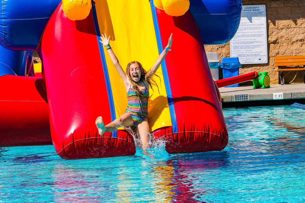 cityofpoway's tweet photo. Splash-tastic news! Inflatables are back in the pool every Friday starting this week through Aug 4. For details, visit https://t.co/UC6D9zHJWg. #PowayCommunitySwimCenter #InflatableDays #FridayFun #Splashtastic https://t.co/MamovVbbS7