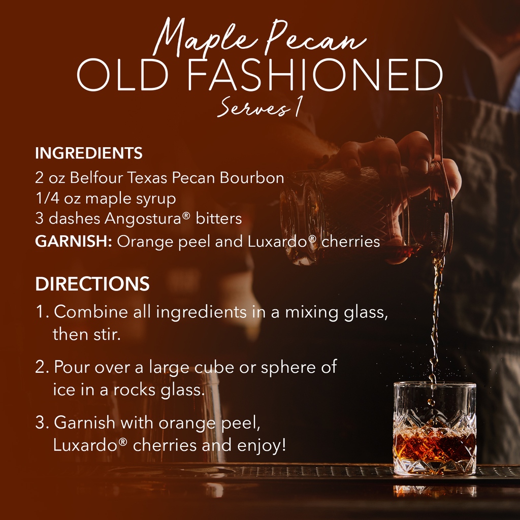 Cheers to National Bourbon Day!🥃✨ This celebration calls for a classic cocktail, the Old Fashioned, but let’s put a Belfour spin on it 😉 Make it a Maple Pecan Old Fashioned with Belfour Texas Pecan Bourbon. ⁠
Swipe for the recipe and enjoy! ⁠
#NationalBourbonDay