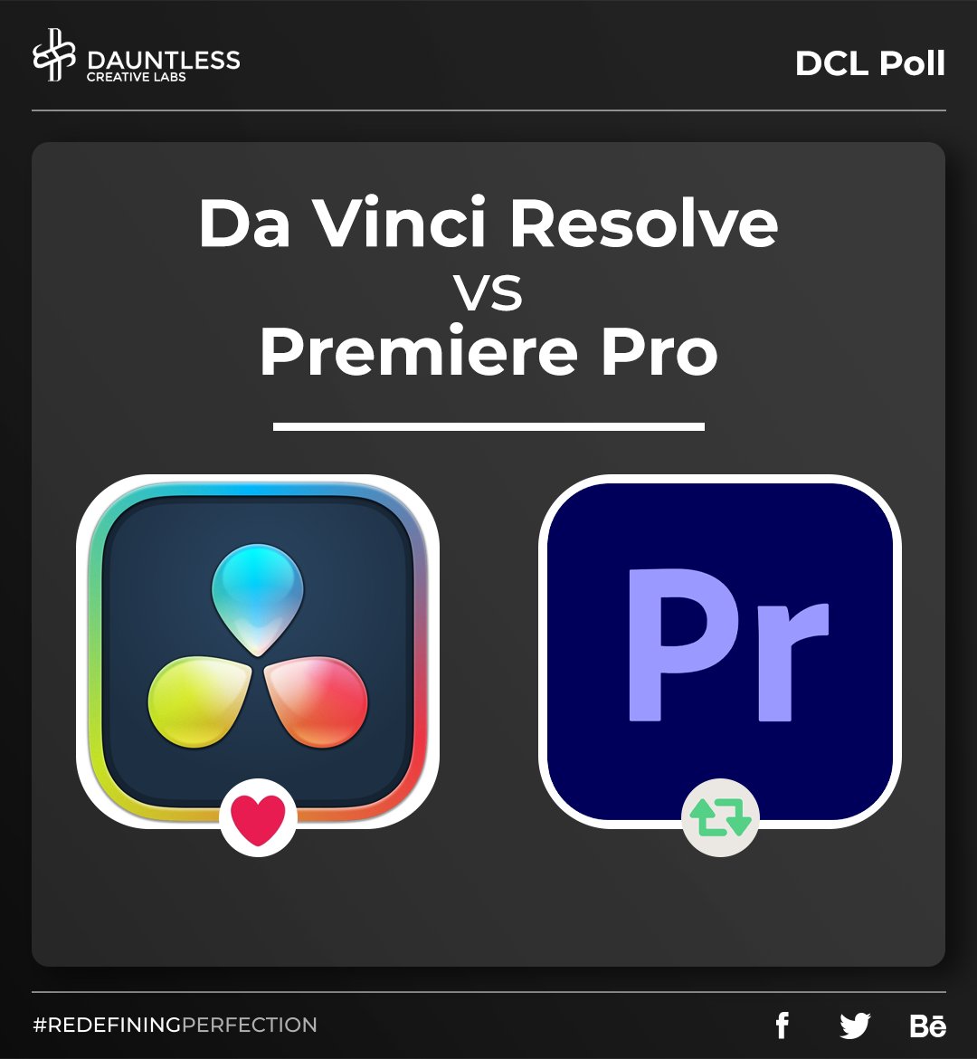 Lights, camera, action! It's time to dive into the world of video editing and color grading. Which software reigns supreme: Da Vinci Resolve or Premiere Pro? Vote for your favorite and let us know why in the comments below! 

#BeDauntless #RedefiningPerfection