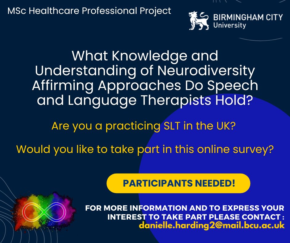 I'm looking for UK #SLTs to take part in my MSc project exploring your understanding and knowledge about #neurodiversity affirming approaches! 

Please get in touch if you're interested in taking part in this online questionnaire or would like any more info! 

Please share 🌈