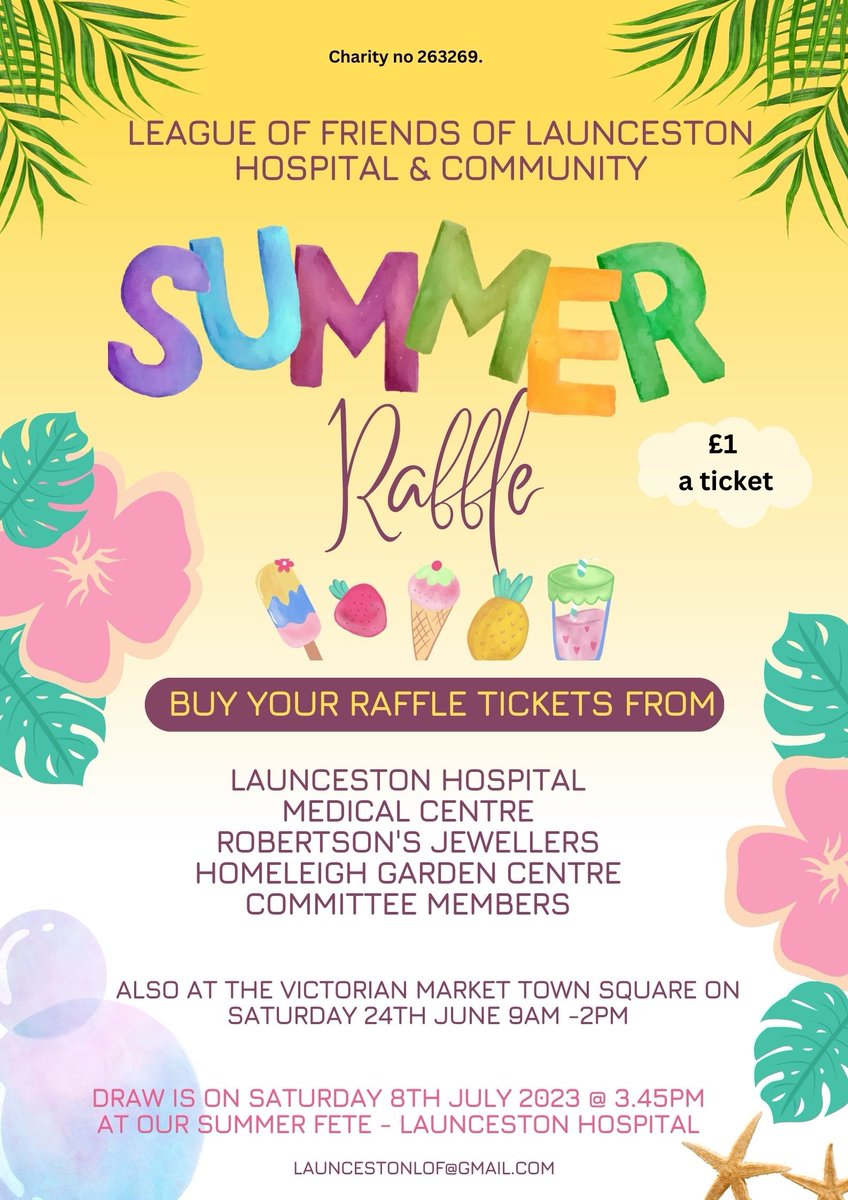 Some of our committee members will be selling raffle tickets Thursday 15th June 10am-12noon @LauncestonHosp Pop along and buy yours. £1 each ticket- cash only. Thankyou for your support. #fundraising #summerdraw #raffle