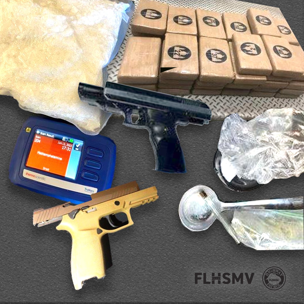 FHP Troopers, at the direction of @GovRonDeSantis, are assisting Texas in securing the southern border. Pictured below is a sample of the dangerous drugs and weapons that have been seized and prevented from entering the country and endangering American citizens.