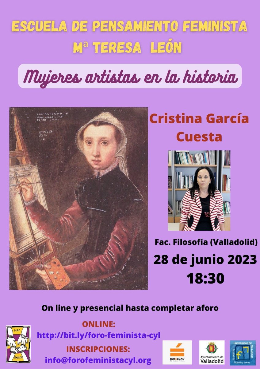 FeministaCyL's tweet photo. Se ha ignorado, olvidado, la expresión artística de las mujeres, lo q les rodeaba y su propia imaginación. El talento sólo sería cosa de varones.  Cristina García Cuesta acabará con esos prejuicios.
🗓️28/06, 🕛18h30 ❗Facultad de Filosofía, Valladolid https://t.co/w5LzjYvpoi