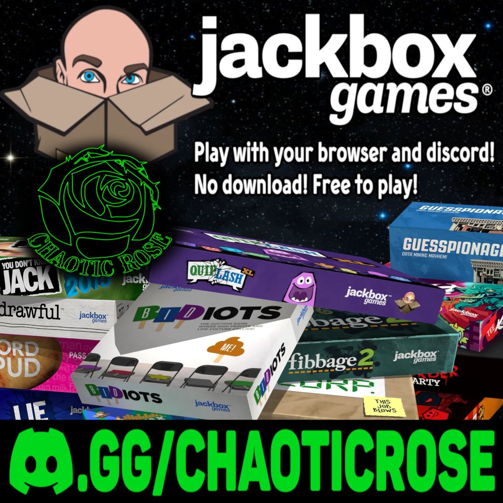 Join us in the #Discord tonight for #jackboxgames in the games night voice channel! 
discord.gg/chaoticrose

#jackbox #jackboxtv #jackboxparty #discordgames #VRChat #vrchatclub #clubservers #socialevents
