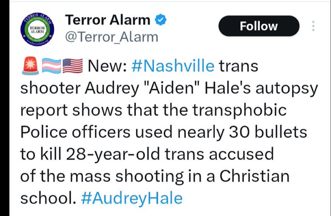 Imagine liberal propaganda SO corrupt that they frame the trans mass shooter as the victim and the heroic police officers that stopped him as “transphobic.” 

#nashvilleshooting #LiberalCorruption #AudreyHale