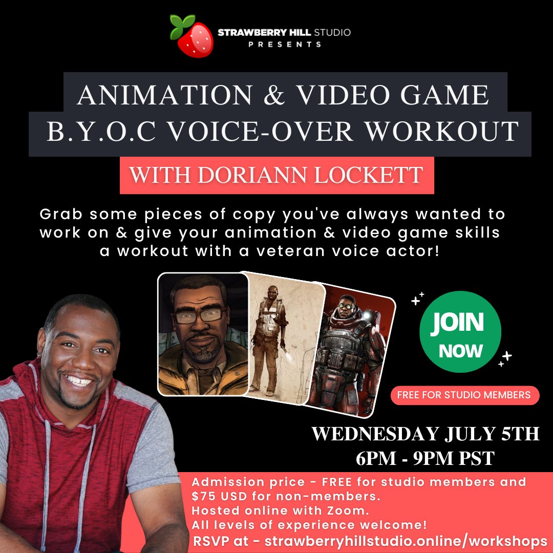 StrawberryHillM's tweet photo. EVENT REMINDER - @dahte will be joining us for an online #VO workout for #Animation &amp; #VideoGame characters at a special time Wed July 5th at 6pm PST! This event is FREE for Studio Members! 

Grab your Eventcombo ticket NOW!
https://t.co/vXdkJRHcjQ 
#VoiceActor #VoiceActing https://t.co/Y9qGt07QVM