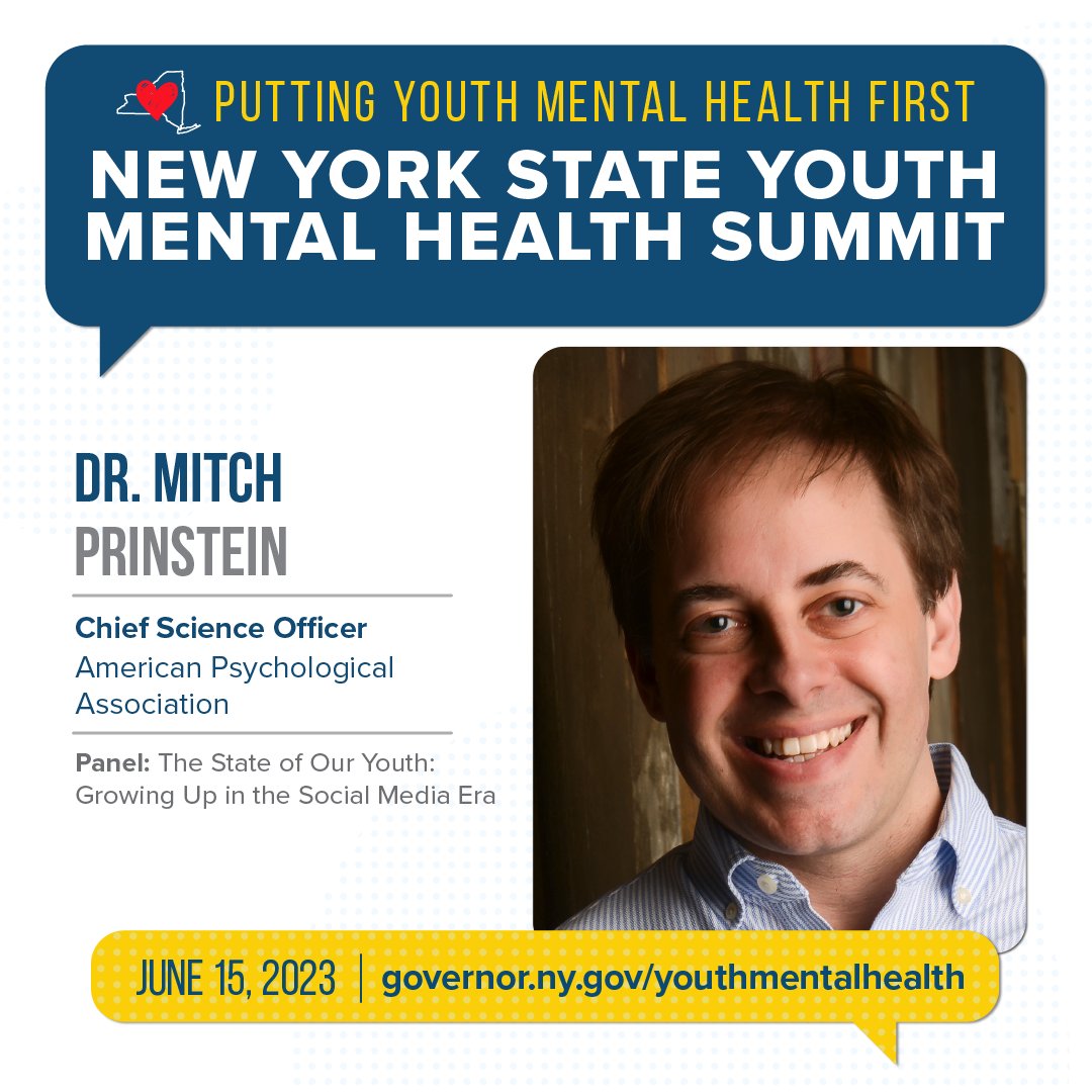 APA's tweet image. Across the country, kids are facing unprecedented mental health challenges. It&apos;s on all of us to help. Join @GovKathyHochul and APA Chief Science Officer @mitchprinstein tomorrow for the Summit on Youth Mental Health. 

Learn more: at.apa.org/3f518d #NYSYouthMentalHealth
