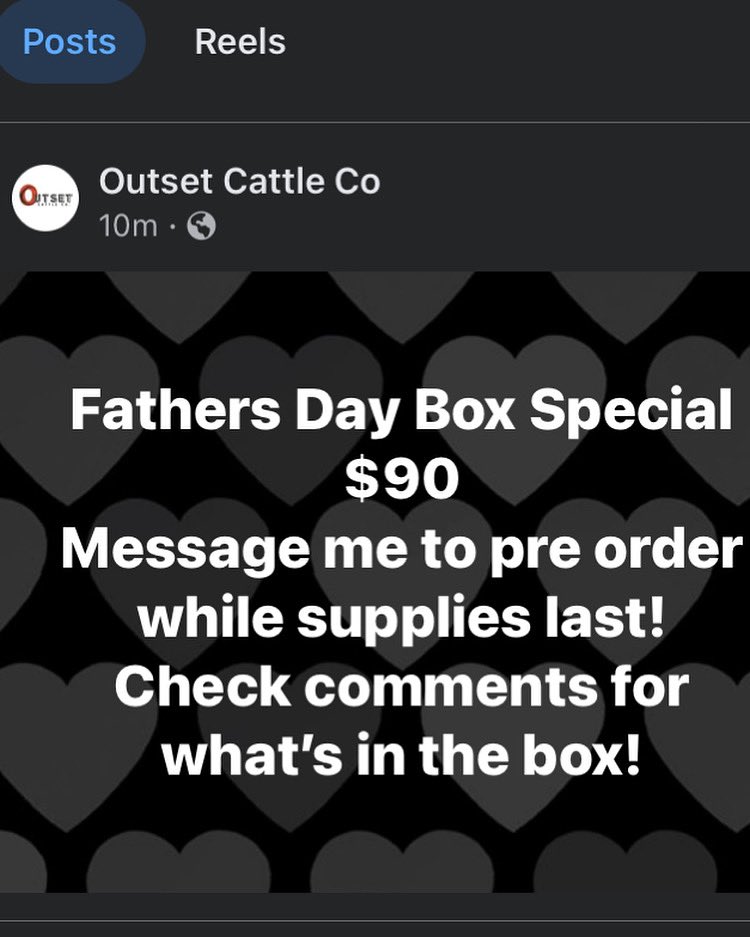 outsetcattleco's tweet photo. 2 T Bone steaks, 2 pork chops, 1 lb bacon, 4 pork sausage, 8 pork breakfast sausage, 1 pie https://t.co/ypMhv3qGYT